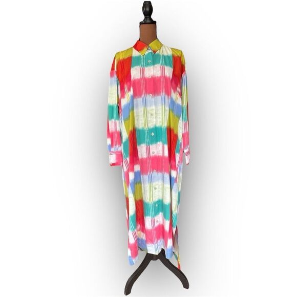 Natori Boro Kaftan Button Down Dress Colorful Turquiose Geometric Women’s Medium - Picture 6 of 16